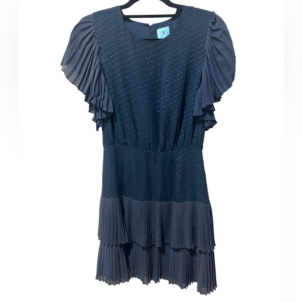 CeCe Mini Dress Navy Blue Flutter Sleeve Layered knife Pleats Clip Dot SZ 4 EUC